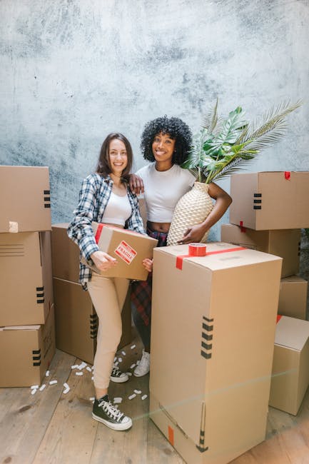 Two women in casual clothing are inside a room with a textured, light grey wall, surrounded by stacked cardboard moving boxes, some sealed with red and black tape. One woman with shoulder-length brown hair is holding a box, while the other woman, with curly black hair, is smiling and holding a large decorative vase with a plant arrangement. The floor is made of light wood, and paper packing peanuts are scattered on it. The scene appears to depict a home relocation process, with the women preparing for or engaged in packing and moving activities as part of a professional removals service, such as those provided by Removal Company Harringay. The setting suggests an organized and careful packing and loading process in a home or storage environment, relevant to house removals and furniture transport.