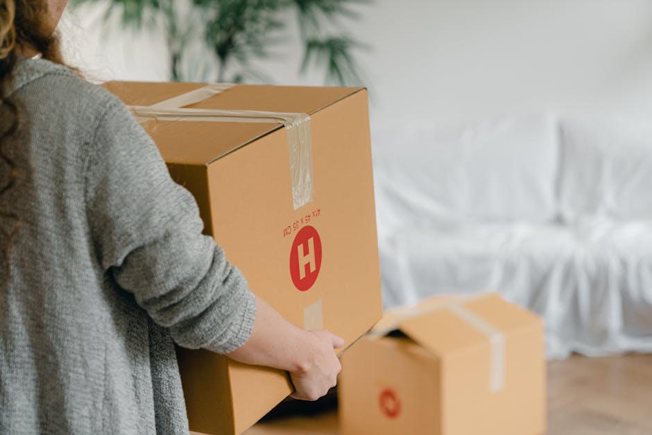 A person wearing a maroon shirt holding an open cardboard box with a red and white 'FRAGILE' sticker on the front, surrounded by other packed boxes in a moving or storage environment. The box is made of brown corrugated cardboard, partially filled with packing materials, and is positioned inside a room with additional cardboard boxes stacked nearby. In the background, there are more boxes with black tape seals, indicating a packing and moving process. The scene suggests careful handling and preparation for a home relocation, consistent with professional removals services from Removal Company Harringay, supporting efficient furniture transport and packing during house moves.